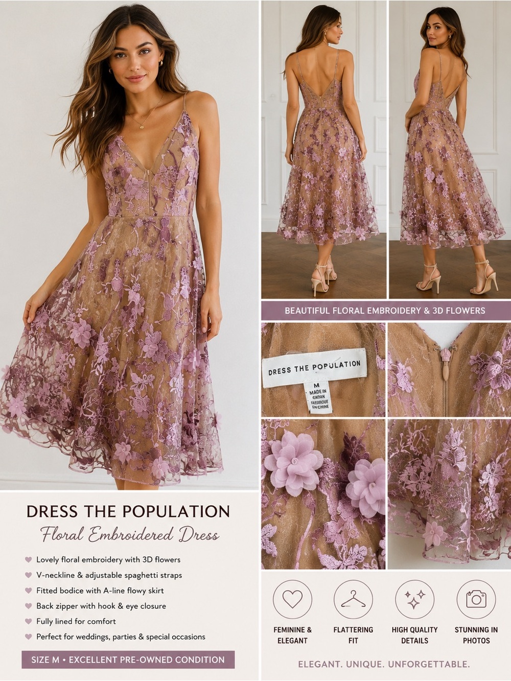 Dress the Population Lavender and Tan Floral Embroidered Midi Dress